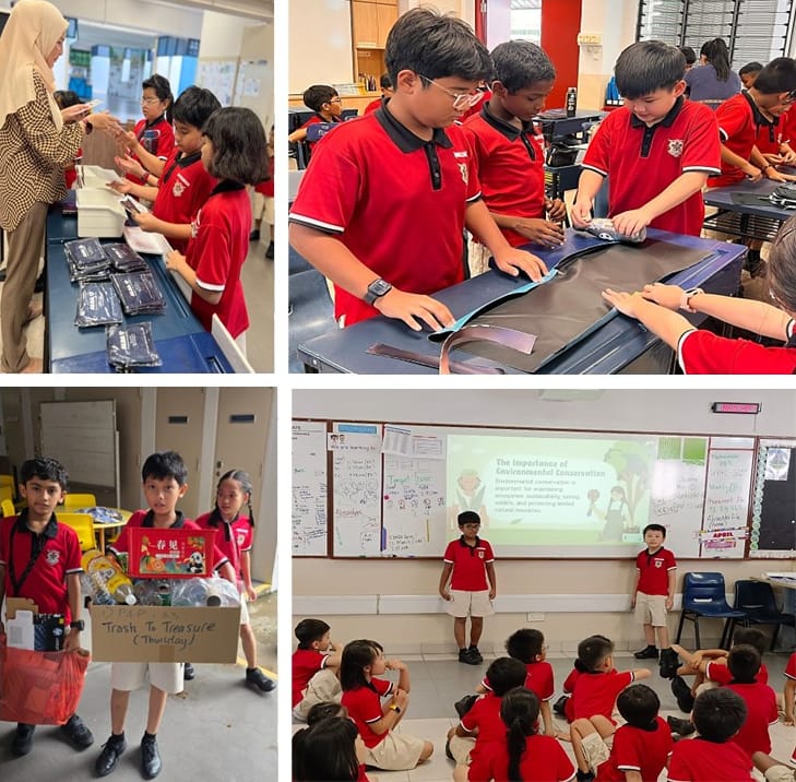 Collage of students in red uniforms learning recycling, water saving, and crafts in classroom activities.